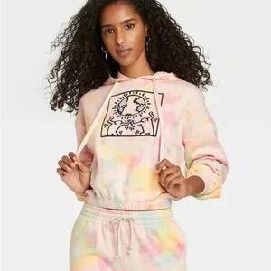 Keith Haring Oversized Tie Dye Cropped Hoodie Sweatshirt Size Large